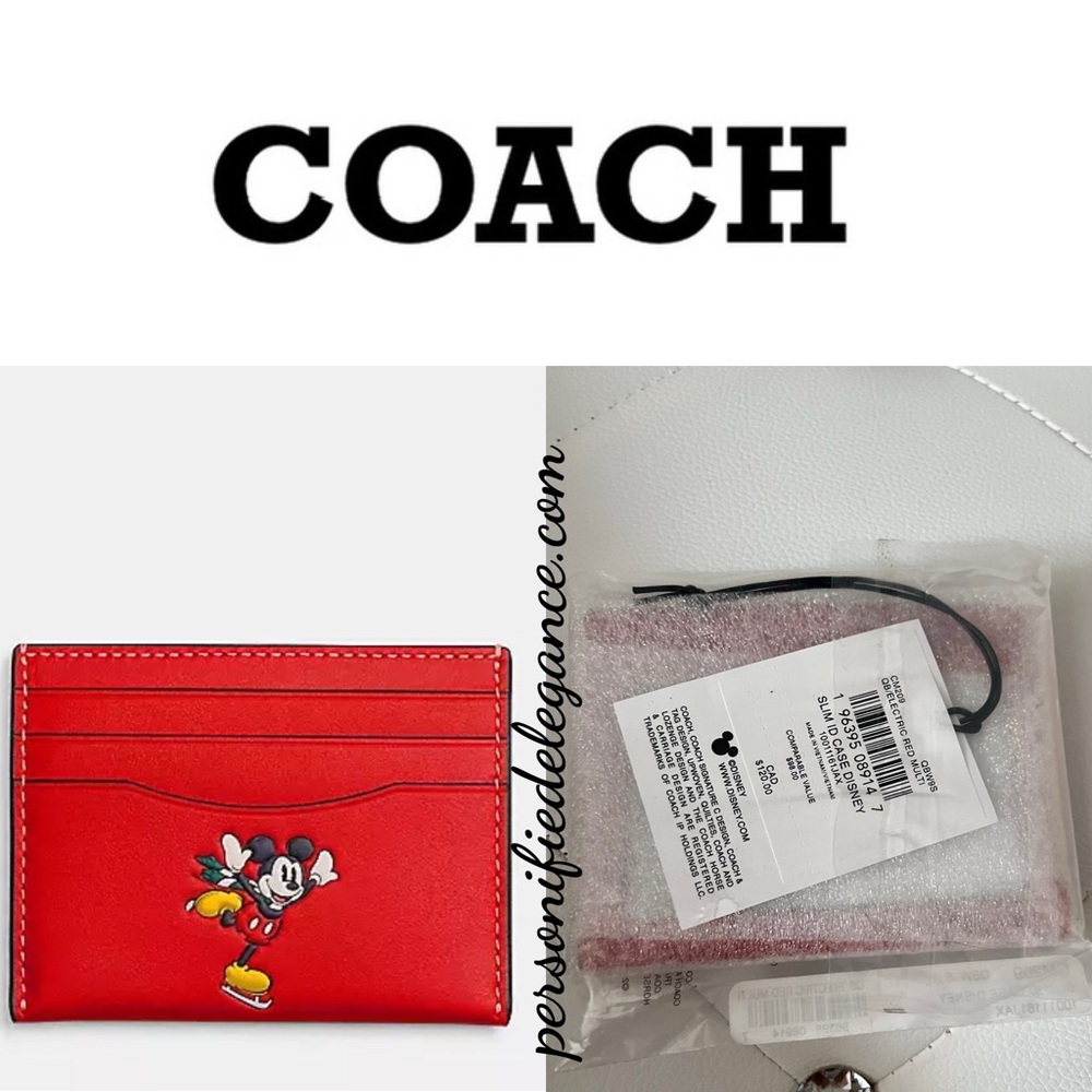 NEW Coach X Disney Electric Red Leather Slim ID Card Case Wallet